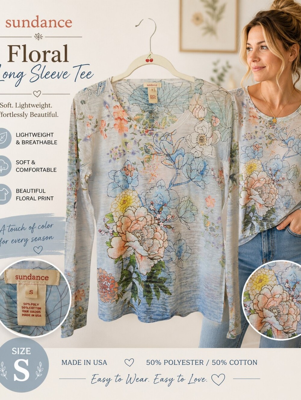 Sundance Floral Watercolor Long Sleeve Top - Size S